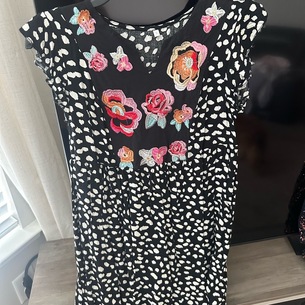 Floral Embroidered Women’s Dress - Black, pink, and white